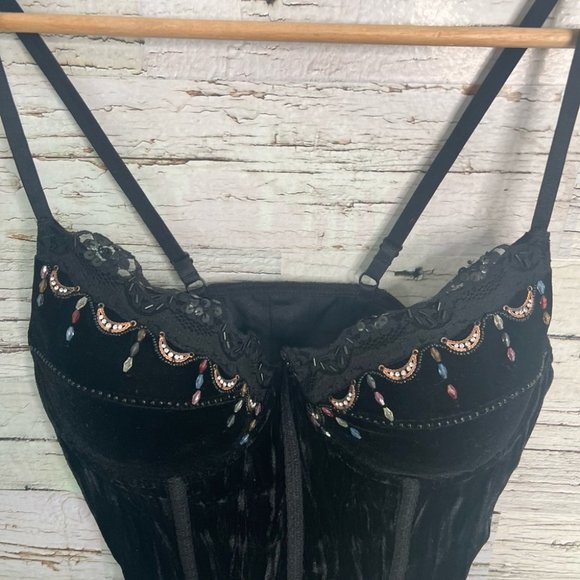 ROSELLE La Vie En Rose black beaded rhinestone sequin corset bra padded Sz 36c - Picture 3 of 10